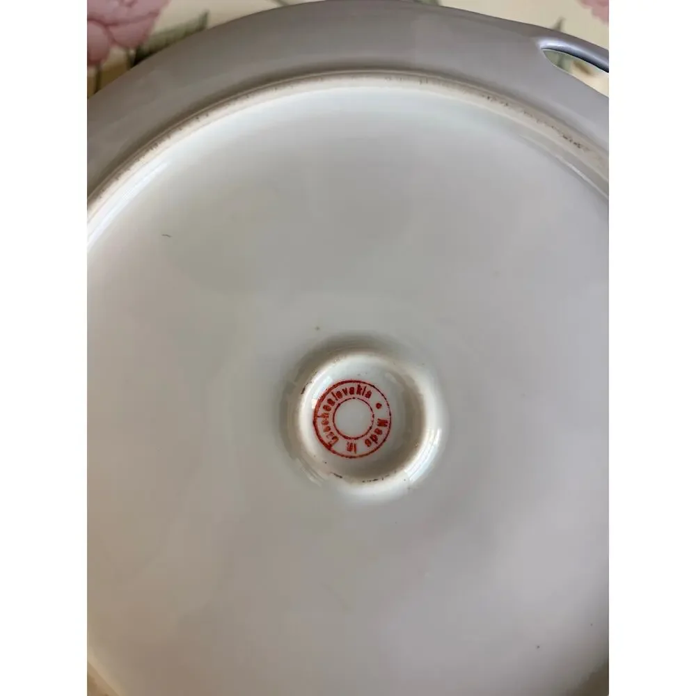 Vintage Czechoslovakia Porcelain Serving Plate Tray Birds Floral Blue Luster